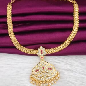 Elegant Impon Attigai Necklace with Stone Pendant & Bead Drops