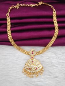 Designer Impon Attigai Choker Necklace with Stone Pendant & Hanging Beads