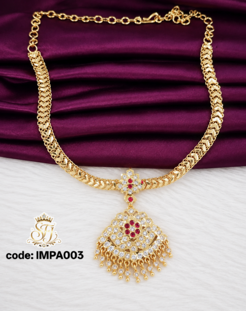 Traditional gold covering AD stone pendant necklace with CZ stones and ruby accents for women