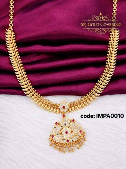 Traditional gold covering AD stone pendant necklace with ruby stone accents for women