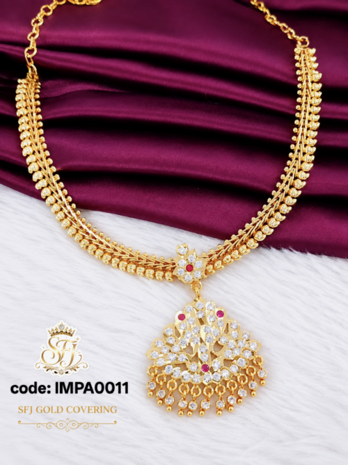 Traditional gold covering AD stone pendant necklace with ruby stone accents for women