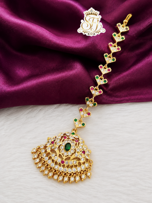One Gram Gold Plated Traditional Stone Maang Tikka with Ruby and Green Stones