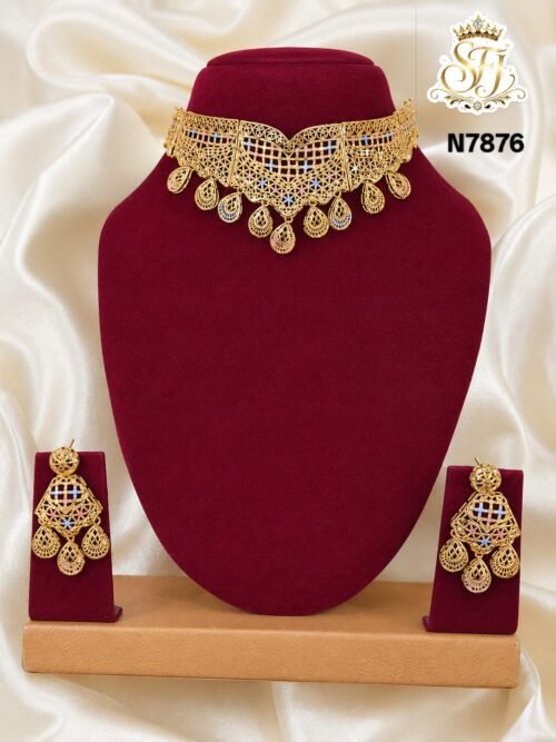 Traditional gold covering choker necklace set with matching earrings for women