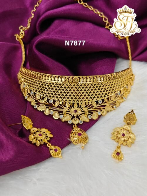 Traditional gold covering floral choker necklace set with matching earrings for women