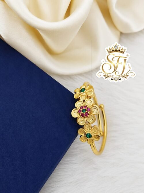 Gold covering adjustable bangle featuring a triple floral design with ruby and green stones for women, finished with a premium gold polish by SFJ Gold Covering.