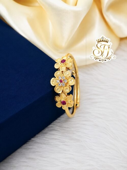Gold covering ruby floral adjustable finger ring for women featuring ruby and white stone flower design with premium gold finish by SFJ Gold Covering.