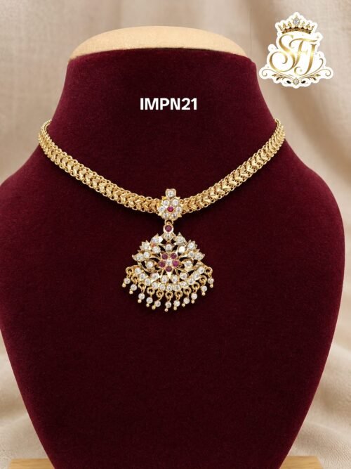 Traditional gold covering floral pendant necklace with AD stones for women