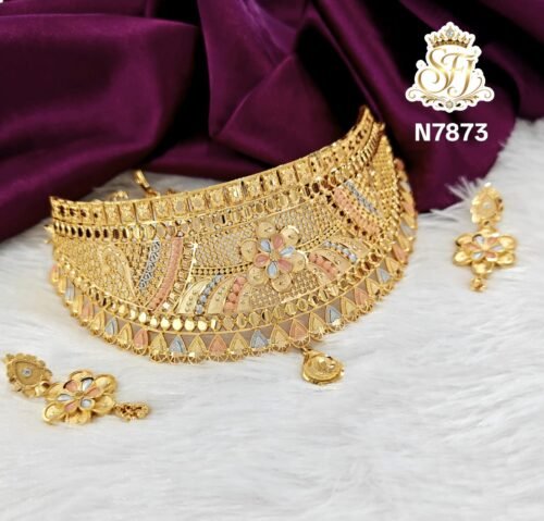 Traditional gold covering bridal choker necklace set with matching earrings for women