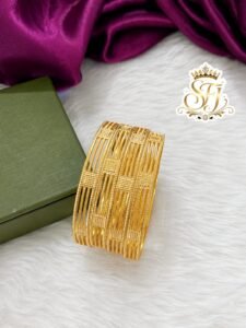 Premium gold finish rectangle pattern designer bangles with elegant cutwork design, lightweight imitation jewellery for bridal, festive and daily wear.
