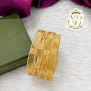 Premium gold finish rectangle pattern designer bangles with elegant cutwork design, lightweight imitation jewellery for bridal, festive and daily wear.