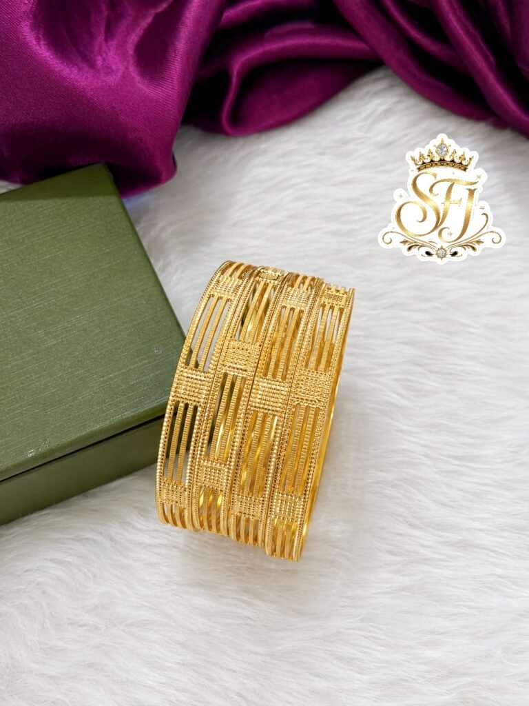 Premium gold finish rectangle pattern designer bangles with elegant cutwork design, lightweight imitation jewellery for bridal, festive and daily wear.