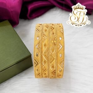 Premium gold finish geometric pattern designer bangles with intricate textured detailing, lightweight imitation jewellery for bridal, festive, and daily wear.