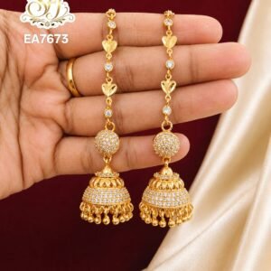Premium gold finish long chain jhumka earrings with sparkling CZ stones, floral chain detailing, and traditional dome-shaped design for bridal and festive wear.