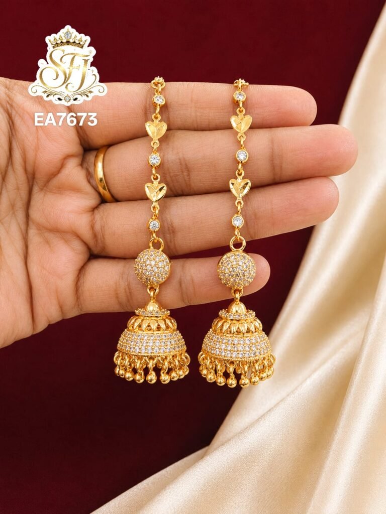 Premium gold finish long chain jhumka earrings with sparkling CZ stones, floral chain detailing, and traditional dome-shaped design for bridal and festive wear.