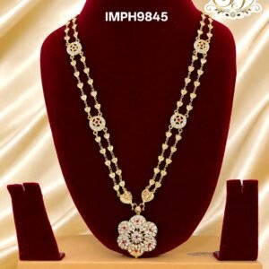 Impone floral pendant long haram with double heart chain design, gold finish traditional covering jewellery for women.