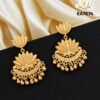 Lotus design gold covering hanging earrings with floral pattern and antique finish for women.