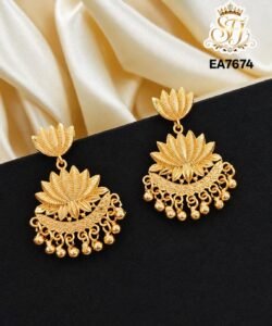 Lotus design gold covering hanging earrings with floral pattern and antique finish for women.