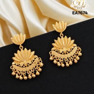 Lotus design gold covering hanging earrings with floral pattern and antique finish for women.