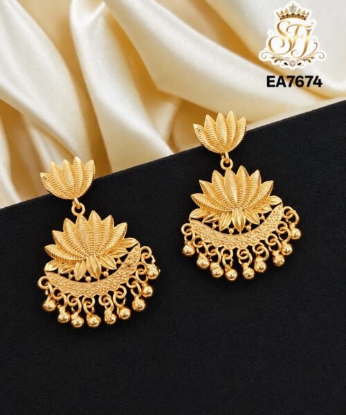 Lotus design gold covering hanging earrings with floral pattern and antique finish for women.