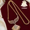 Premium gold covering mugappu chain with AD stones, ruby and emerald color pendant, bridal imitation jewellery.