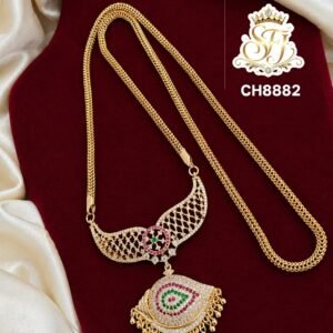 Premium gold covering mugappu chain with AD stones, ruby and emerald color pendant, bridal imitation jewellery.
