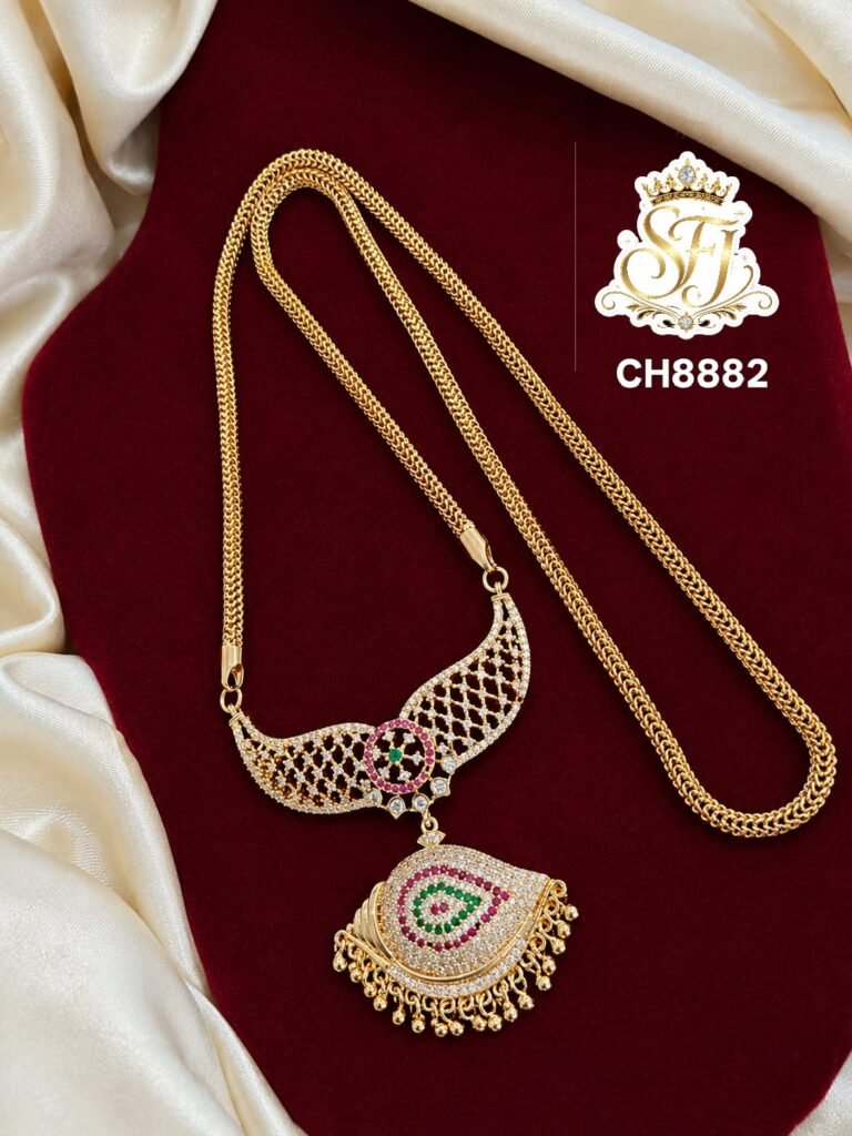 Premium gold covering mugappu chain with AD stones, ruby and emerald color pendant, bridal imitation jewellery.