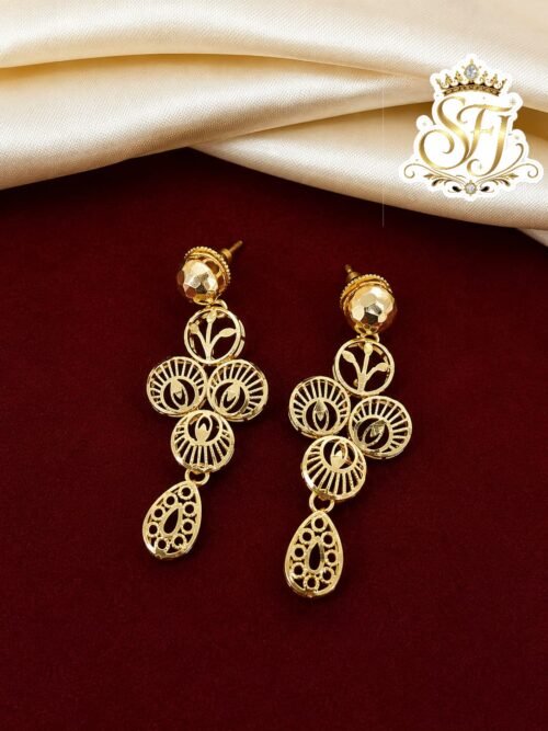 Traditional gold covering floral circle drop earrings for women.