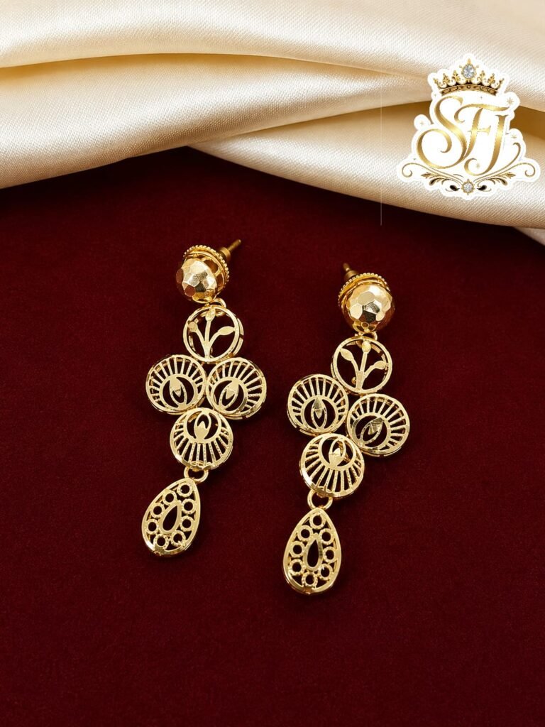 Traditional gold covering floral circle drop earrings for women.