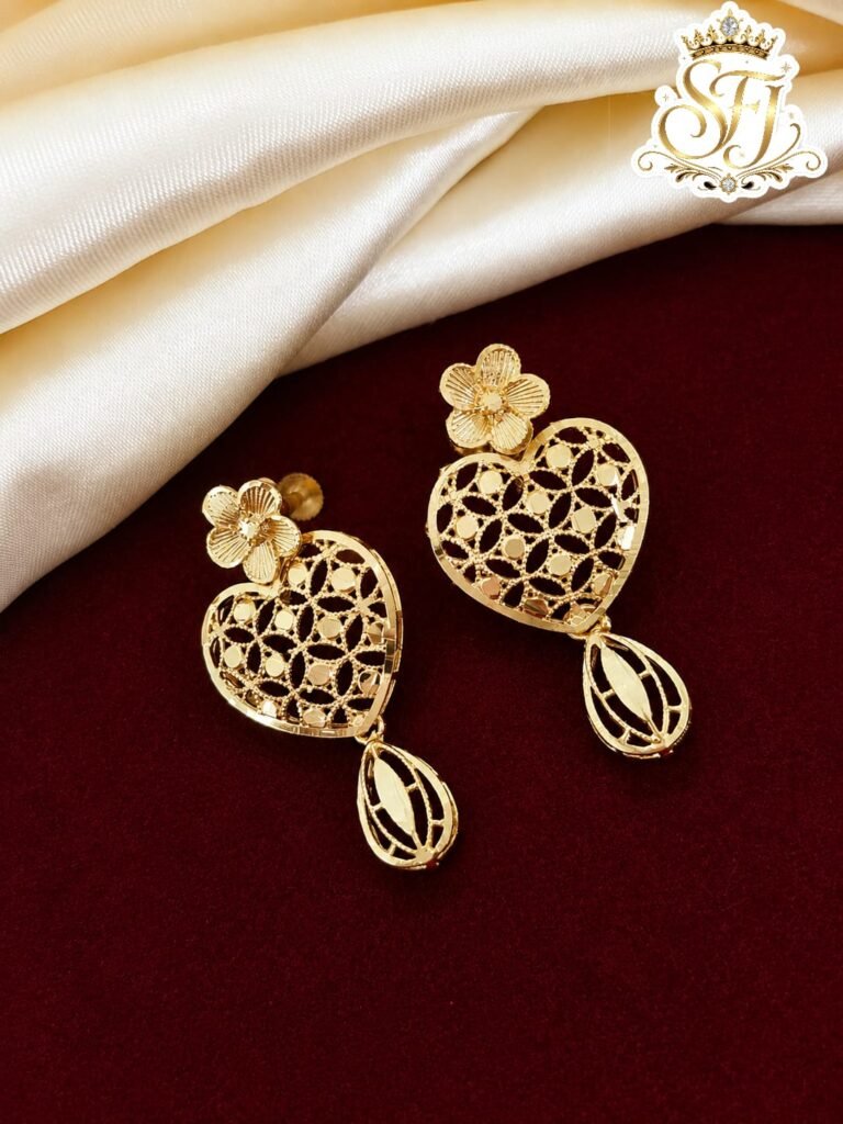 Heart design floral gold covering earrings with drop.