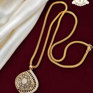 Heart-shaped gold finish filigree pendant chain with sparkling stones for women.