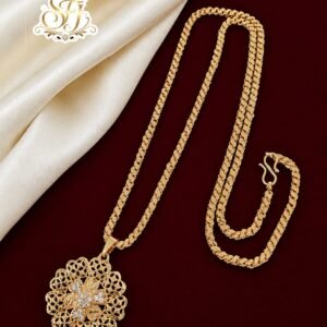 Gold finish floral pendant chain with white stones and elegant designer chain for women.