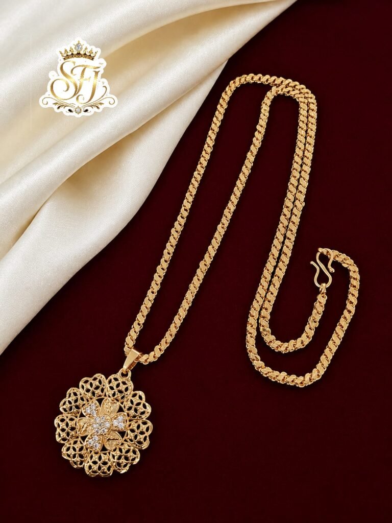 Gold finish floral pendant chain with white stones and elegant designer chain for women.