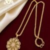 Gold finish floral pendant chain with white stones and elegant designer chain for women.