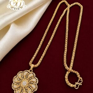 Gold finish floral pendant chain with white stones and elegant designer chain for women.