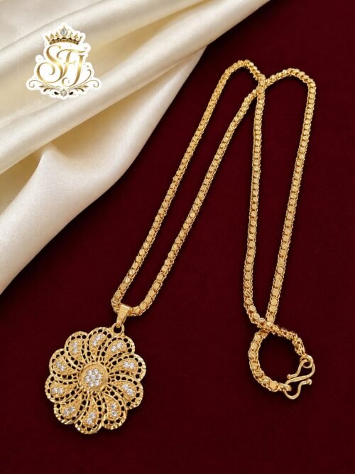 Gold finish floral pendant chain with white stones and elegant designer chain for women.
