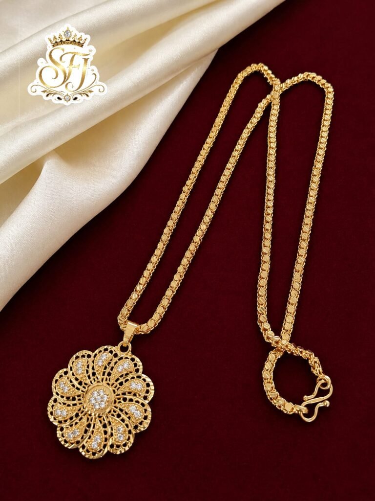 Gold finish floral pendant chain with white stones and elegant designer chain for women.