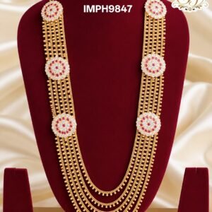 Premium floral multi-layer long haram with AD stone motifs and gold finish bridal necklace.