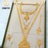 Premium Impon bridal combo jewellery set with long haram, choker, earrings, maang tikka and short pendant chain in gold polish with ruby stone accents.