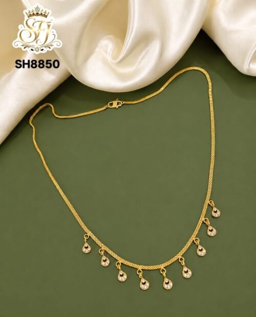 Gold covering floral stone drop necklace for women with sparkling white floral charms, lightweight daily wear imitation jewellery by SFJ Gold Covering.