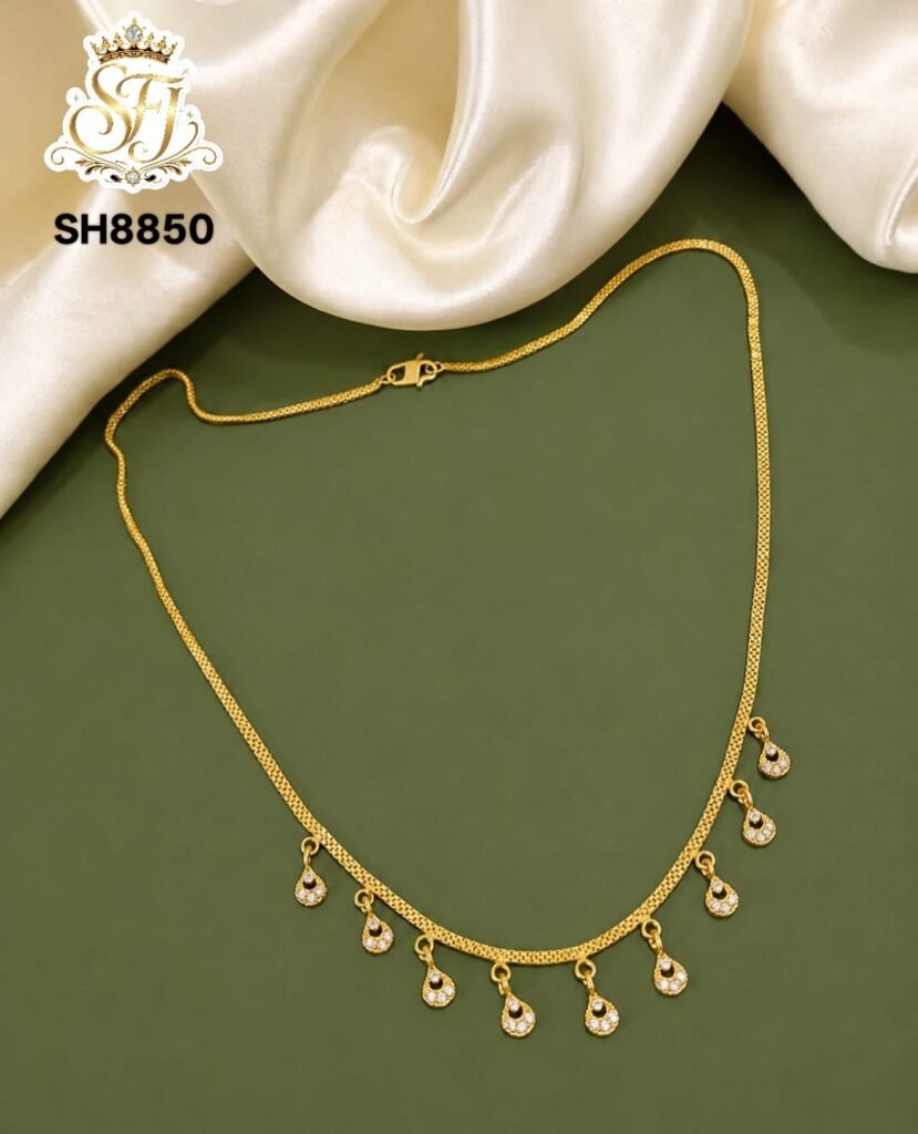 Gold covering floral stone drop necklace for women with sparkling white floral charms, lightweight daily wear imitation jewellery by SFJ Gold Covering.