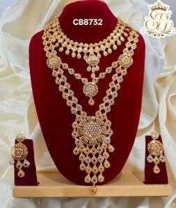 Gold covering bridal long haram necklace set with intricate filigree design and matching earrings for women featuring a premium real gold finish by SFJ Gold Covering.