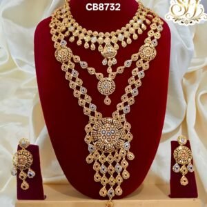 Gold covering bridal long haram necklace set with intricate filigree design and matching earrings for women featuring a premium real gold finish by SFJ Gold Covering.