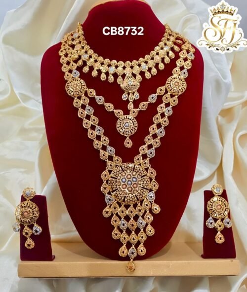 Gold covering bridal long haram necklace set with intricate filigree design and matching earrings for women featuring a premium real gold finish by SFJ Gold Covering.