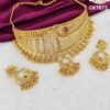 Traditional gold covering designer choker necklace set with green stone and matching earrings for women
