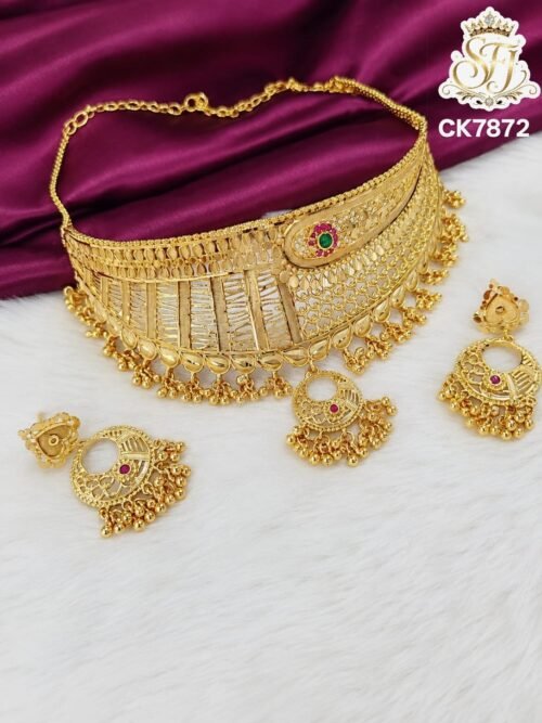 Traditional gold covering designer choker necklace set with green stone and matching earrings for women
