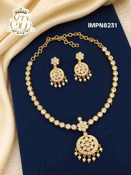 Gold Covering White AD Stone Dollar Necklace Set