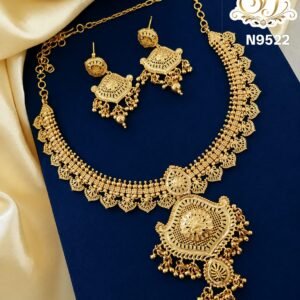 One gram gold plated traditional necklace set with matching earrings for bridal and festive wear.