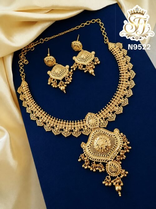 One gram gold plated traditional necklace set with matching earrings for bridal and festive wear.