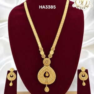 One gram gold plated traditional haram set with matching earrings and designer pendant.