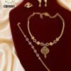 One Gram Gold Plated Combo Jewellery Set with Necklace, Bracelet, Earrings and Ring featuring Floral Design and Ruby White Stones.